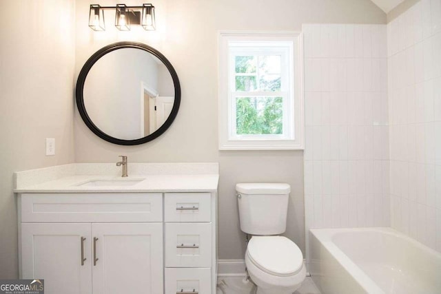 full bathroom featuring vanity,  shower combination, and toilet