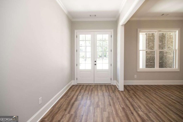 doorway featuring french doors, plenty of natural light, and crown molding