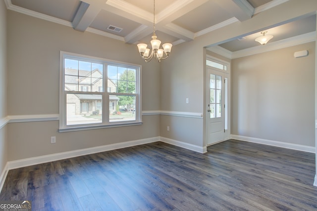 unfurnished dining area featuring dark hardwood / wood-style flooring, ornamental molding, coffered ceiling, a notable chandelier, and beam ceiling