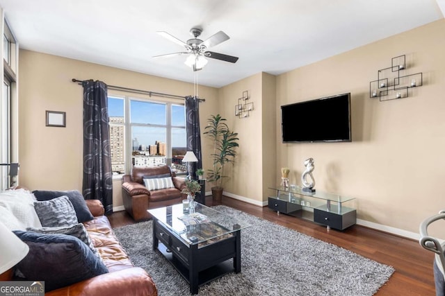 living room featuring ceiling fan and dark hardwood / wood-style flooring