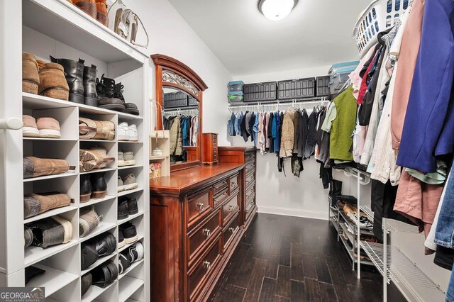 walk in closet featuring dark wood-type flooring