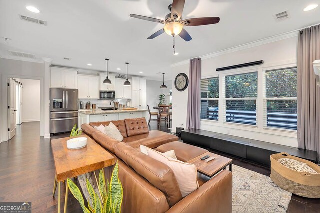 living room featuring dark wood-type flooring, ceiling fan, ornamental molding, and sink