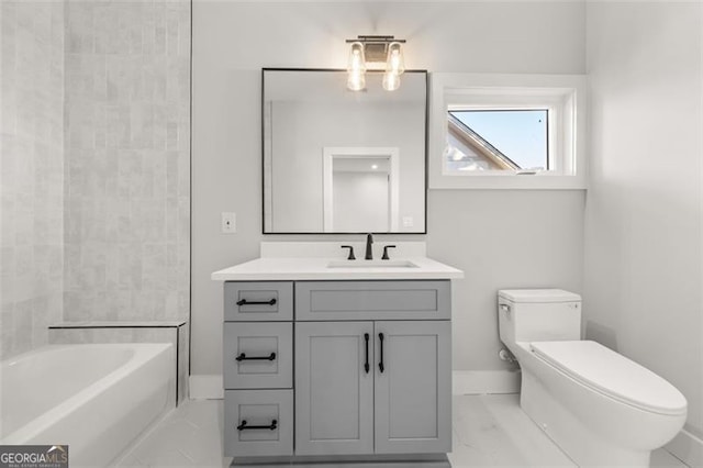 full bathroom featuring shower / bathtub combination, vanity, and toilet