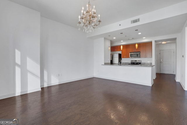 unfurnished living room with dark hardwood / wood-style flooring, sink, and a chandelier