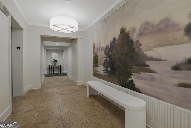 corridor featuring crown molding, radiator heating unit, and light tile patterned floors