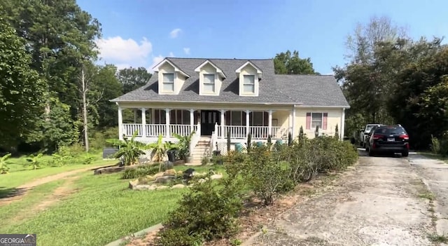 new england style home with a porch and a front yard