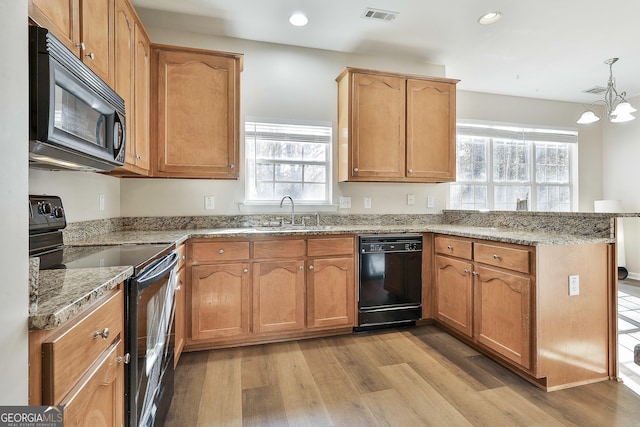 kitchen with a healthy amount of sunlight, light hardwood / wood-style flooring, black appliances, and sink