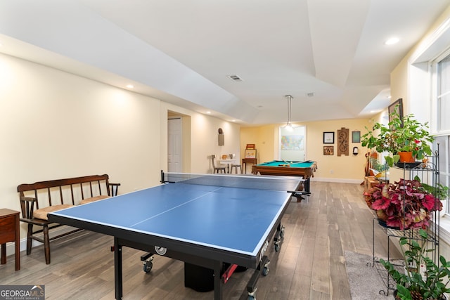 playroom featuring hardwood / wood-style flooring and pool table