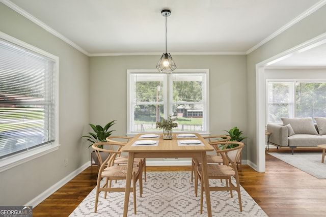 dining space with wood-type flooring, crown molding, and a wealth of natural light