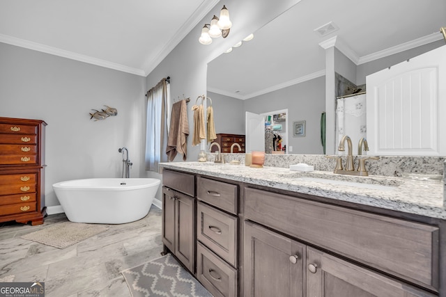 bathroom featuring plus walk in shower, vanity, and ornamental molding