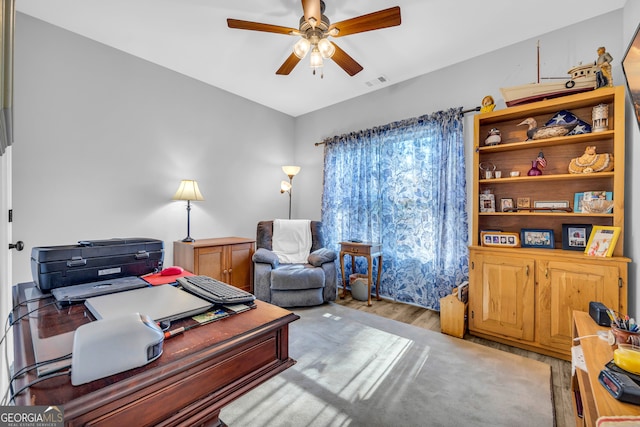 office area featuring ceiling fan and light hardwood / wood-style floors