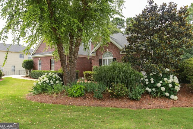 view of property hidden behind natural elements featuring a front lawn