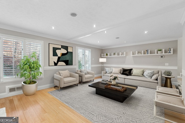 living room with a textured ceiling, light hardwood / wood-style floors, and crown molding