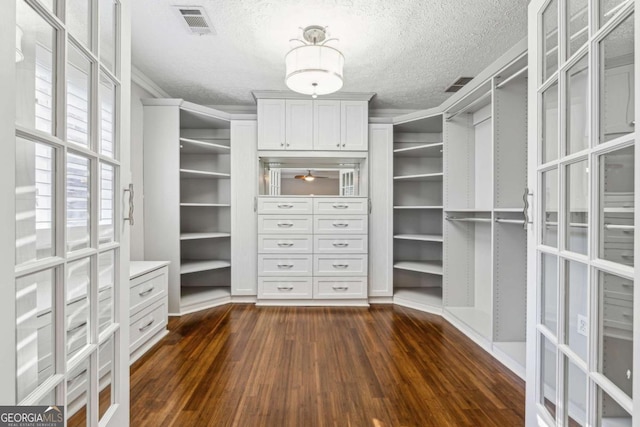 spacious closet with dark wood-type flooring