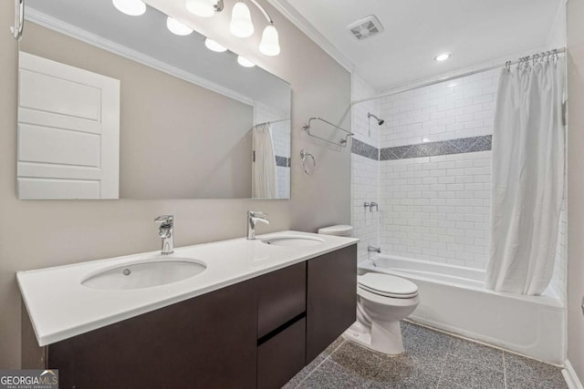 full bathroom with vanity, toilet, shower / bathtub combination with curtain, and ornamental molding