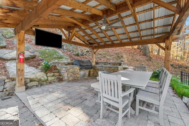 view of patio featuring a gazebo, grilling area, area for grilling, and ceiling fan