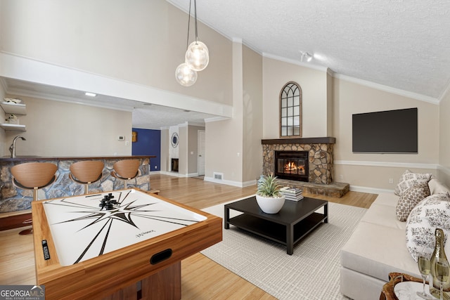 living room featuring a stone fireplace, light hardwood / wood-style floors, and a textured ceiling