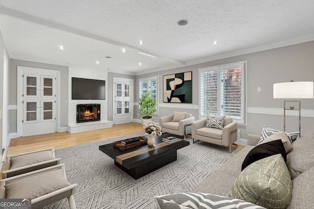 living room featuring a large fireplace, light hardwood / wood-style floors, crown molding, and a textured ceiling