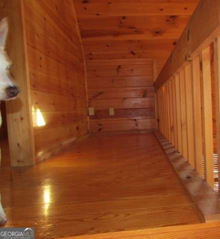 bonus room with wooden ceiling, light hardwood / wood-style flooring, and wooden walls