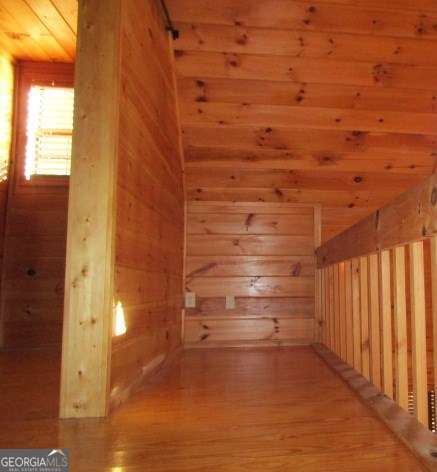 additional living space featuring wood-type flooring and wooden walls