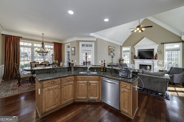 kitchen featuring dishwasher, dark wood-type flooring, lofted ceiling, and sink