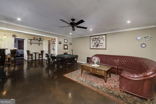 living room with ceiling fan and crown molding