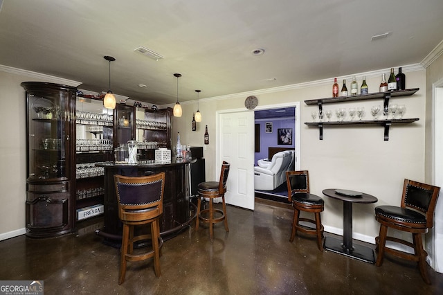 bar featuring decorative light fixtures and ornamental molding