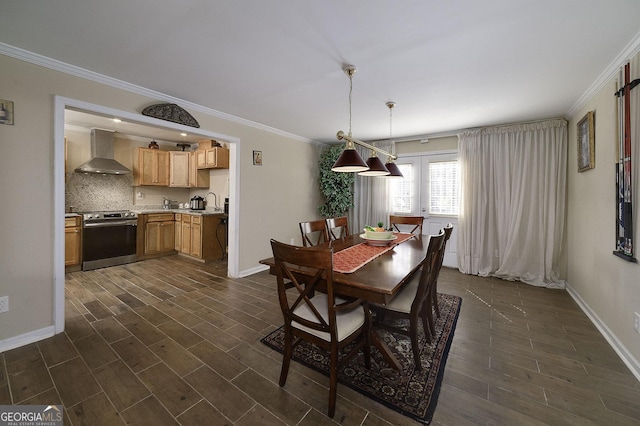 dining space featuring sink, dark wood-type flooring, and ornamental molding