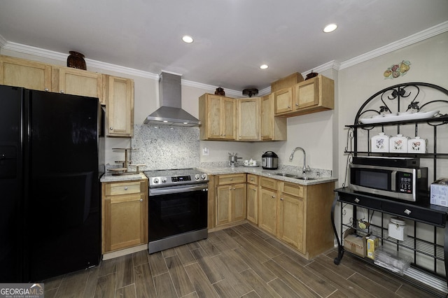 kitchen with sink, wall chimney range hood, dark hardwood / wood-style floors, crown molding, and appliances with stainless steel finishes