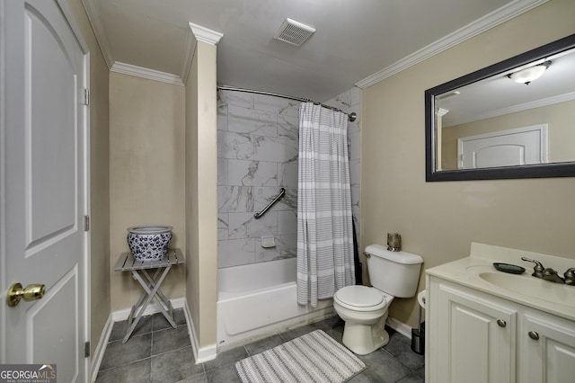 full bathroom featuring tile patterned floors, ornamental molding, vanity, shower / tub combo with curtain, and toilet