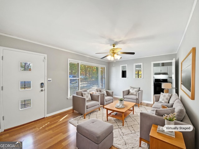 living room featuring ceiling fan, light hardwood / wood-style floors, and ornamental molding