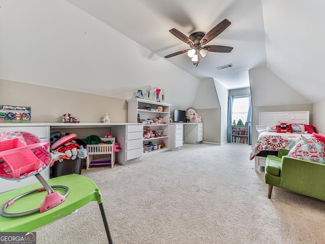 carpeted bedroom featuring lofted ceiling and ceiling fan