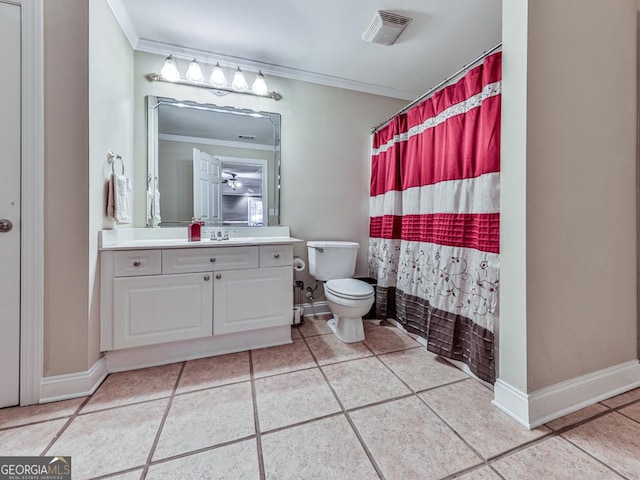 bathroom with ornamental molding, vanity, toilet, tile patterned floors, and a shower with shower curtain