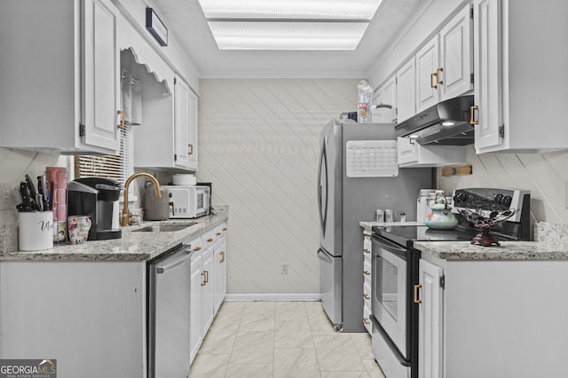 kitchen featuring white cabinetry, sink, light stone countertops, stainless steel dishwasher, and white range with electric stovetop