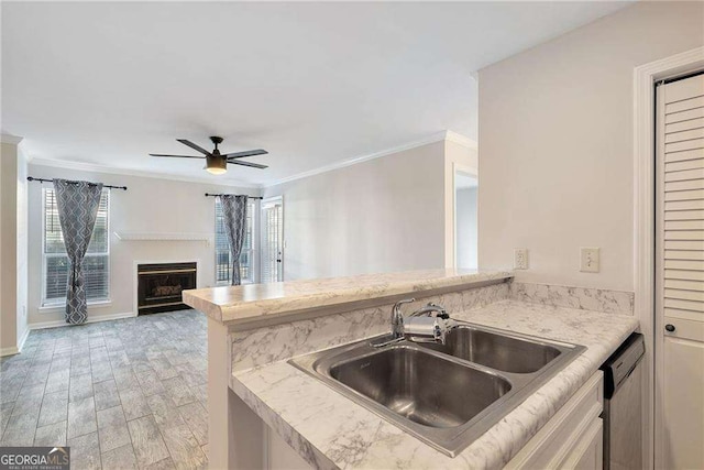 kitchen featuring a peninsula, a sink, light countertops, a fireplace, and stainless steel dishwasher