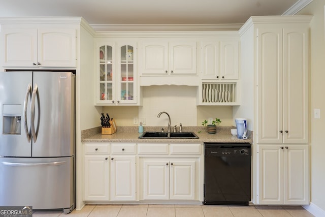 3798 Bermuda Run Dr, Valdosta, GA 31605 - kitchen featuring stainless steel refrigerator with ice dispenser, dishwasher, glass insert cabinets, light tile patterned floors, and crown molding