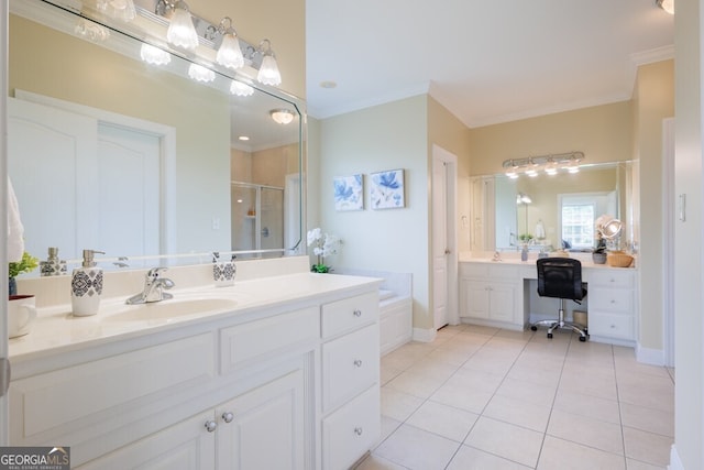 bathroom with vanity, crown molding, tile patterned flooring, and plus walk in shower