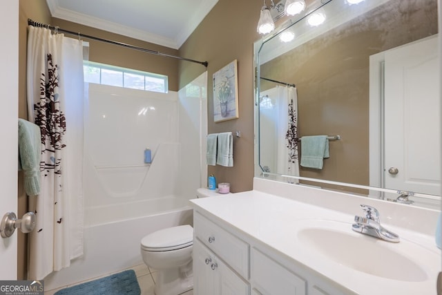 full bathroom with tile patterned floors, toilet, shower / bath combo with shower curtain, vanity, and ornamental molding