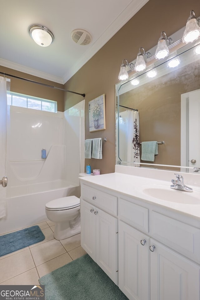 full bathroom with ornamental molding, vanity, shower / bathtub combination with curtain, tile patterned flooring, and toilet