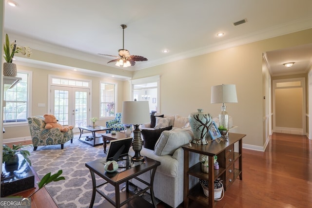 3798 Bermuda Run Dr, Valdosta, GA 31605 - living area with healthy amount of natural light, wood finished floors, ornamental molding, a ceiling fan, and recessed lighting