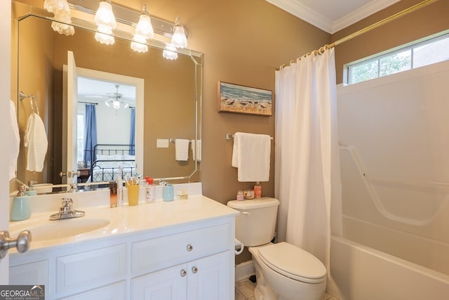 full bathroom with tile patterned floors, ornamental molding, vanity, ceiling fan, and toilet