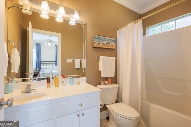 3798 Bermuda Run Dr, Valdosta, GA 31605 - full bath with crown molding, vanity, shower / tub combo, and a ceiling fan