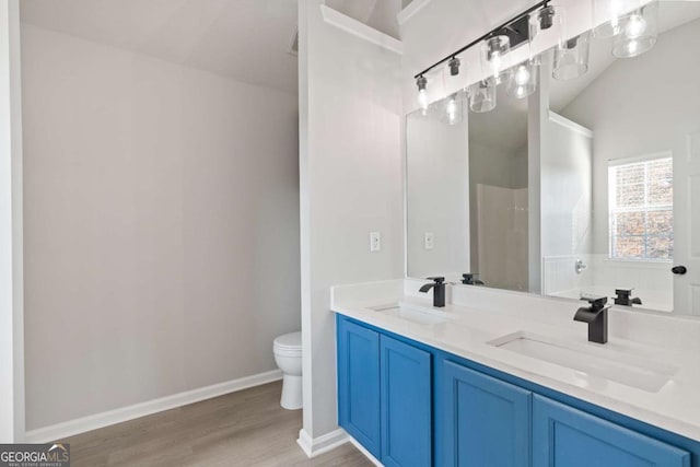 bathroom with vanity, a shower, lofted ceiling, toilet, and wood-type flooring