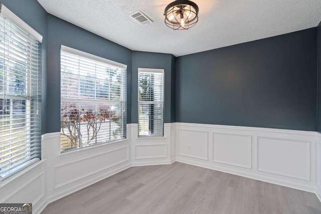 spare room with a textured ceiling, light hardwood / wood-style flooring, and plenty of natural light