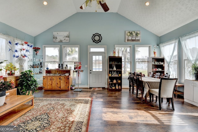 3615 Miller Bottom Rd, Loganville, GA 30052 - interior space with a textured ceiling, high vaulted ceiling, ceiling fan, and dark wood-type flooring