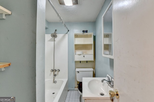 3615 Miller Bottom Rd, Loganville, GA 30052 - full bathroom featuring tile patterned floors, bathtub / shower combination, vanity, a textured ceiling, and toilet