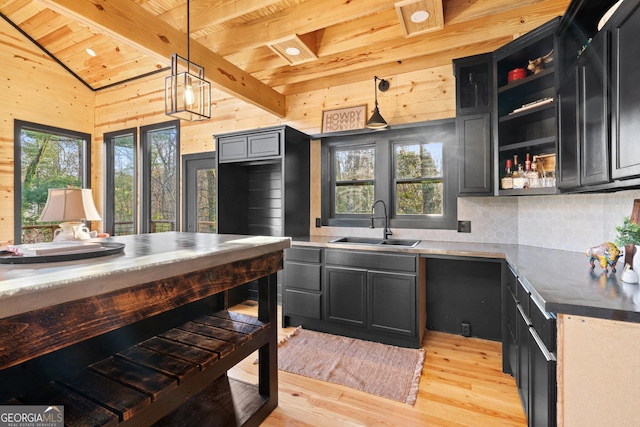 kitchen with a wealth of natural light, light hardwood / wood-style floors, hanging light fixtures, and sink