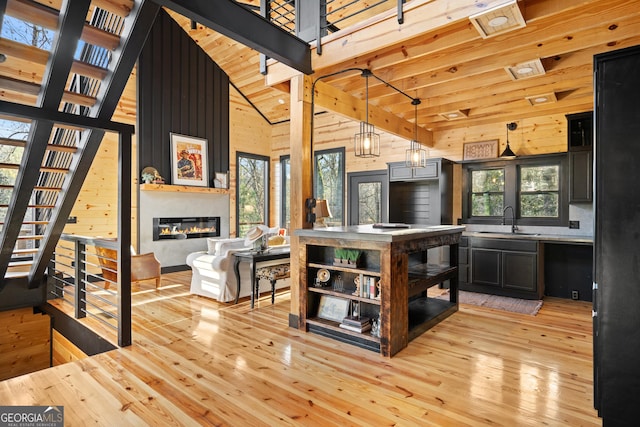 73 Cannon St, Clayton, GA 30525 - kitchen with a sink, a large fireplace, light wood-style floors, dark cabinets, and high vaulted ceiling
