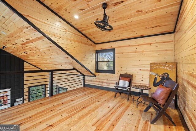 73 Cannon St, Clayton, GA 30525 - sitting room with wooden ceiling, vaulted ceiling, wood-type flooring, and wooden walls