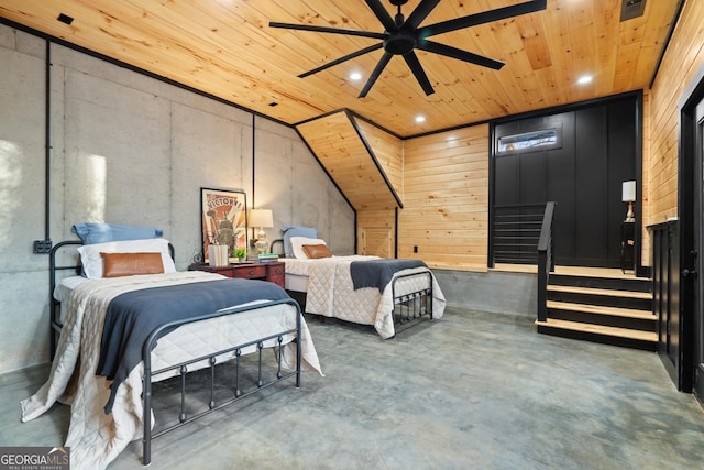 bedroom with wood ceiling, ceiling fan, and concrete floors